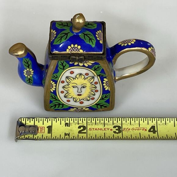 Vtg Sunflower Face Teapot Trinket Box Porcelain Sun Bright Whimsical - Picture 10 of 11